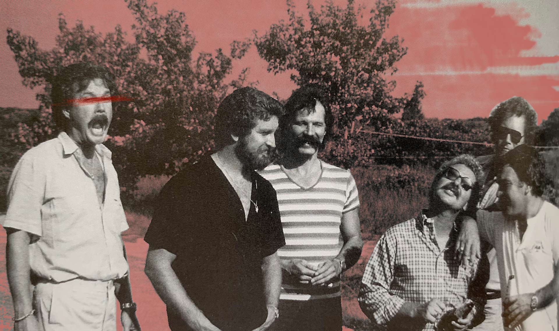 A black, white, and red photo of the Gentlemen Smugglers crew.